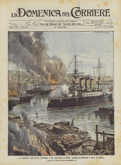 La corazzata russa Kniaz Potemkin incendia e bombarda il porto di Odessa da Achille Beltrame
